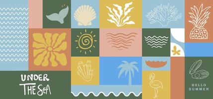 Summer geometric banner background with fish tail, pineapple.graphic for horizontal design vector