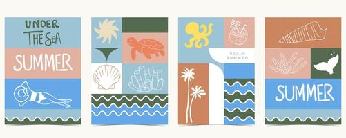 Summer geometric background with shell,turtle,squid. graphic for a4 vertical design vector