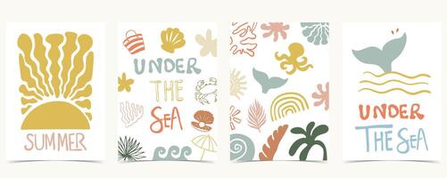 Summer groovy background with shell,fish tail,sun. graphic for a4 vertical design vector