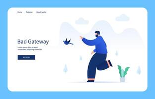 Man Running Chasing Loose Bird. Bad Gateway For Websites And Mobile Sites. Empty State vector