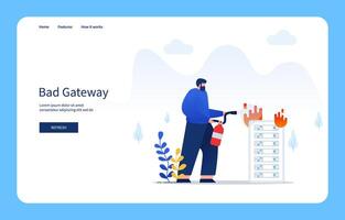 Modern Flat Design Concept Man Putting Out Fire On The Server Using Fire Extinguisher, Bad Gateway For Website And Mobile Site. Empty States vector