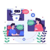 Man and woman customers having dialog with chatbot on screen vector
