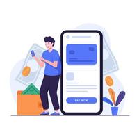 Man standing and opening mobile phone e-wallet doing digital transactions vector