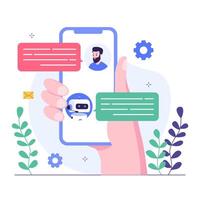 Customers hold their smartphone screens in their hands and interact with chatbots vector