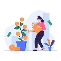 Woman watering a money tree growing in a pot vector