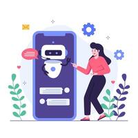 Female customer in dialogue with chatbot on smartphone screen vector