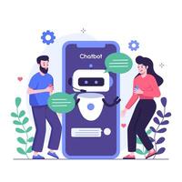 Man and woman customers having dialog with chatbot on smartphone screen vector