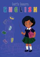 Fun, engaging educational poster, book cover for kids. A cheerful girl with a pointer stands before tower, surrounded by colorful letters. Perfect for books, classrooms, and learning materials vector
