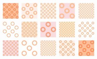 Set of minimalist patterns in Peach Fuzz with soft rings and circles in balanced grids. Ideal for warm backgrounds, delicate wallpapers, textiles, and elegant, modern designs. vector