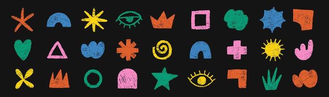 Set of hand drawn simple shapes of heart, flower, star, cross with crayon or chalk texture. Multicolor doodle design elements for school. illustration for kids on a black background. vector