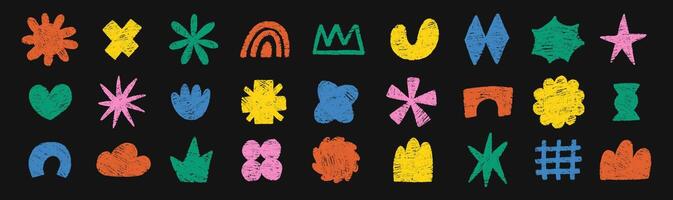 Set of hand drawn funky shapes of heart, flower, star, cloud with crayon or chalk texture. Multicolor Doodle design elements for school. Childish illustration on a black background. vector