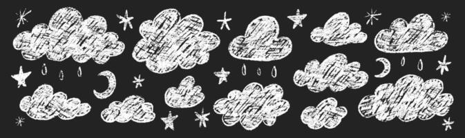 Set of crayon clouds. stars and drops. Hand drawn kids crayon illustration isolated on black background. vector