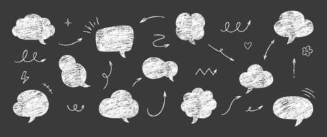 Set of text boxes and speech bubbles with crayon or chalk texture. Shapes and arrows. Japan handwritten illustration on a black background. vector