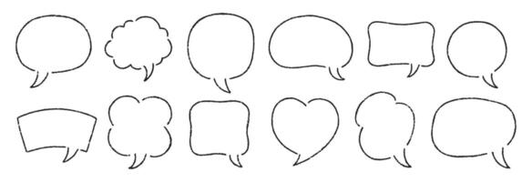Set of hand drawn crayon, charcoal, chalk speech bubbles in doodle style. Outline text boxes on a white background. illustration. vector