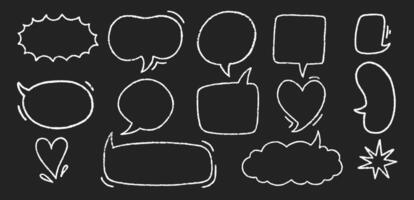 Set of text boxes and speech bubbles with crayon or chalk texture. Outline handwritten illustration on a black background. vector