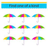 Educational game for kids. Need to find one of a kind umbrella. Visual intelligence. vector