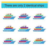 Logical game for kids. Need to find two identical ships. Visual intelligence vector