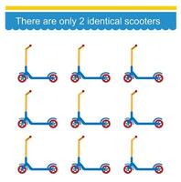 Logical game for kids. Need to find two identical scooters. Visual intelligence. vector