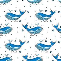 Seamless sea pattern. Blue whale and water bubbles on white background in doodle style. . vector