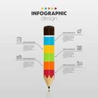 Colorful infographic design pencil and label elements including charts, icons, and business concept charts with 5 options vector