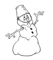 A sad melting snowman with a bucket on his head and a carrot that has fallen off raises his eyes to the sky with a plea. Spring has come. Hand-drawn black and white outline illustration for coloring vector