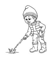 Boy in rubber boots, hat and vest with a branch in his hand launching a paper boat in a puddle in spring, summer or early autumn. Happy childhood concept. Hand drawn outline illustration for coloring vector