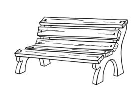 An old time damaged wooden park bench with massive metal legs. Outline illustration of weathered outdoor bench. Single object on white from Spring collection for theme background or scenery creating vector