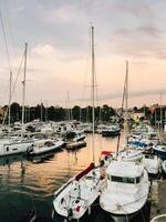 Sailboats and yachts are moored in tranquil marina as sun sets, casting warm golden glow on water and creating picturesque and serene scene of nautical beauty. Sailboats rest in marina during sunset photo