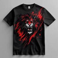 A black and red t - shirt with a lion head photo