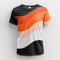 An orange, black and white t - shirt with a wave pattern photo