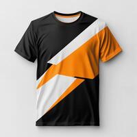 An orange and black t - shirt with a black and white design photo