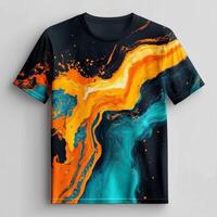 An orange and blue t - shirt with an abstract painting photo