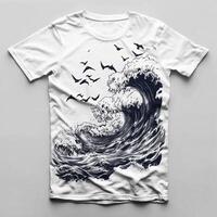 A t - shirt with a wave and birds flying over it photo