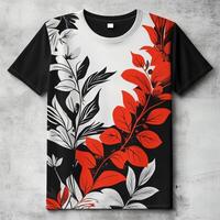 A black and white t - shirt with red and black leaves photo