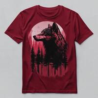A red t - shirt with a wolf silhouette in the forest photo