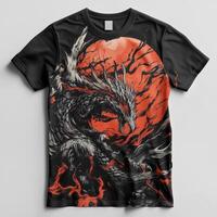A black and red t - shirt with a dragon on it photo