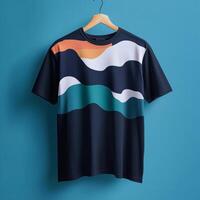A t - shirt with waves on it hanging on a blue wall photo