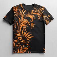 An orange and black t - shirt with a floral design photo