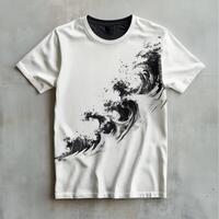 A t - shirt with a wave in black and white photo