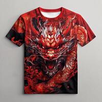 A red dragon t - shirt with a black background photo