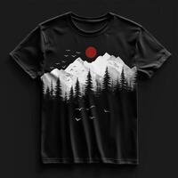 A black t - shirt with a mountain and birds flying over it photo