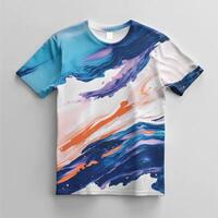 An abstract t - shirt with blue, orange and white paint photo
