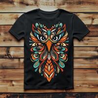 An owl t - shirt with colorful designs on it photo