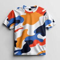 An orange, blue and white t - shirt with an abstract camouflage pattern photo
