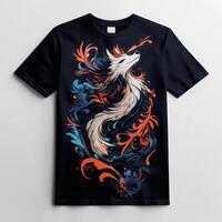 A black t - shirt with an image of a fox and flowers photo