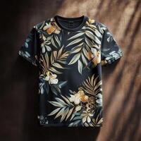 An image of a black t - shirt with tropical leaves photo
