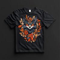 A black t - shirt with an orange cat and flowers photo