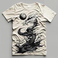 A t - shirt with a black and white design of a wave and moon photo