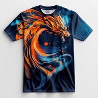 An orange and blue dragon t - shirt with a fiery design photo