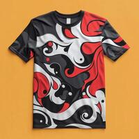 A black and red t - shirt with swirls and red and white design photo